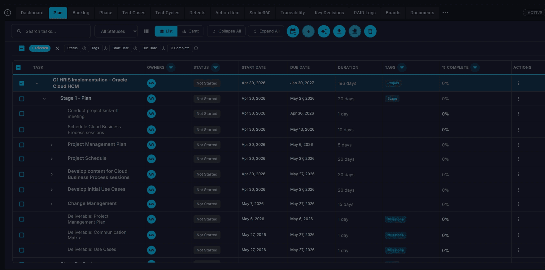 Select a plan item to generate phases from the plan