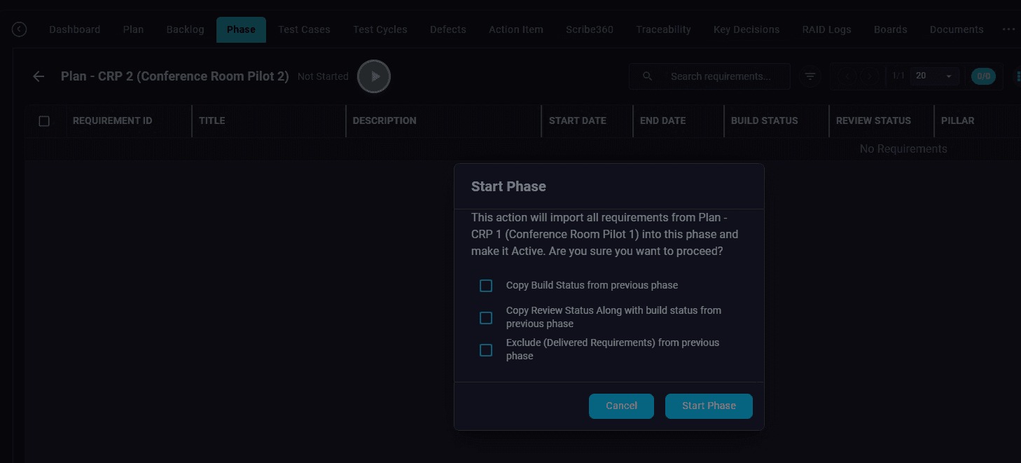 Start a phase and copy requirements forward