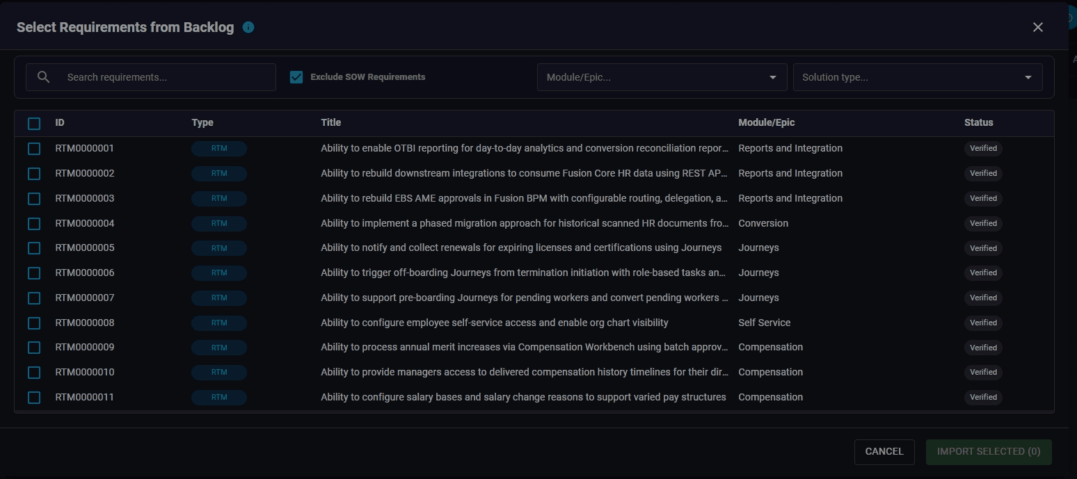 Import additional requirements from the backlog
