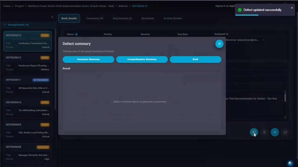 Open the AI Defect summary generator