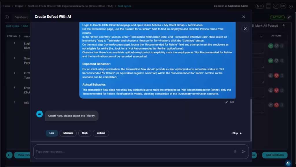 Review the AI-generated defect narrative and set a Priority