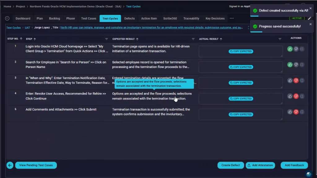 Confirm the defect was created and return to the test execution view