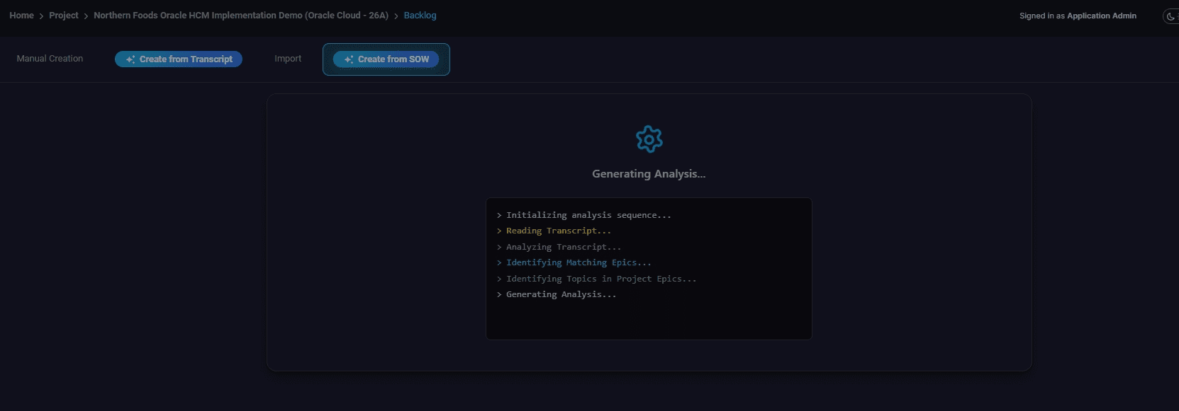 Monitor analysis progress as transcript/SOW content is parsed