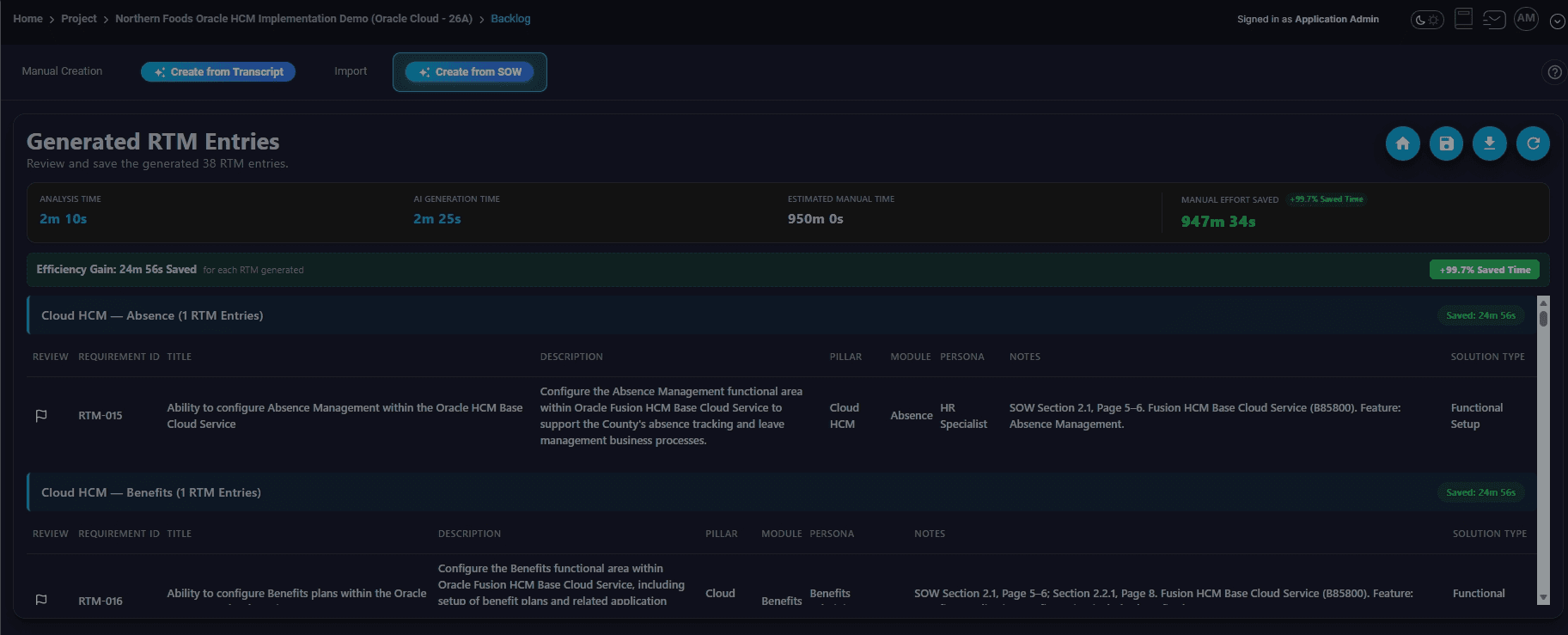 Review the generated RTM entries and save/export as needed