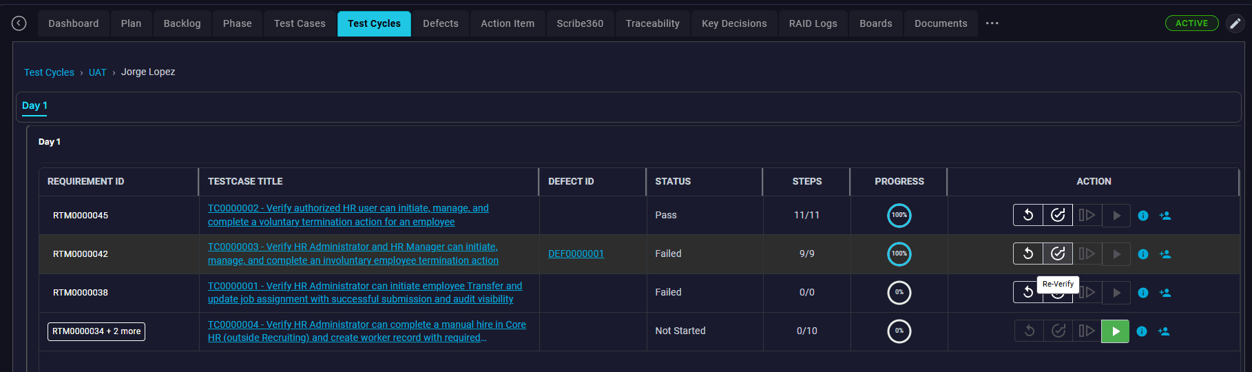 Tracked defect retest workflow