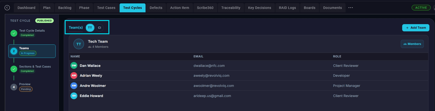 Testing team assignment