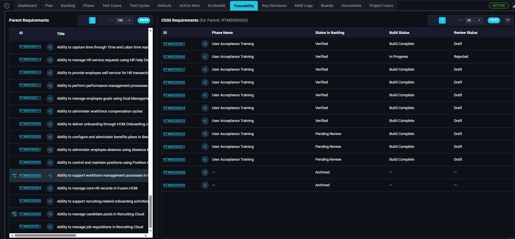 Open the Traceability workspace