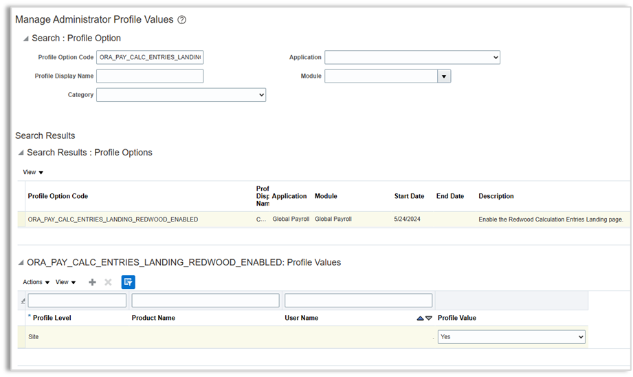 Oracle Manage Administrator Profile Values for Redwood calculation entries