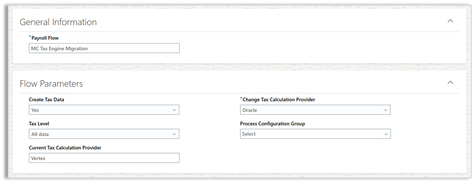 Oracle Manage Tax Engine flow parameters for OPTE migration