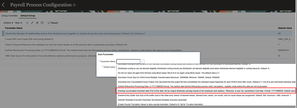 Oracle Payroll Process Configuration for earnings accumulation transition date