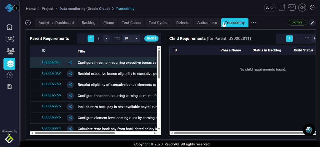 Traceability workspace split view
